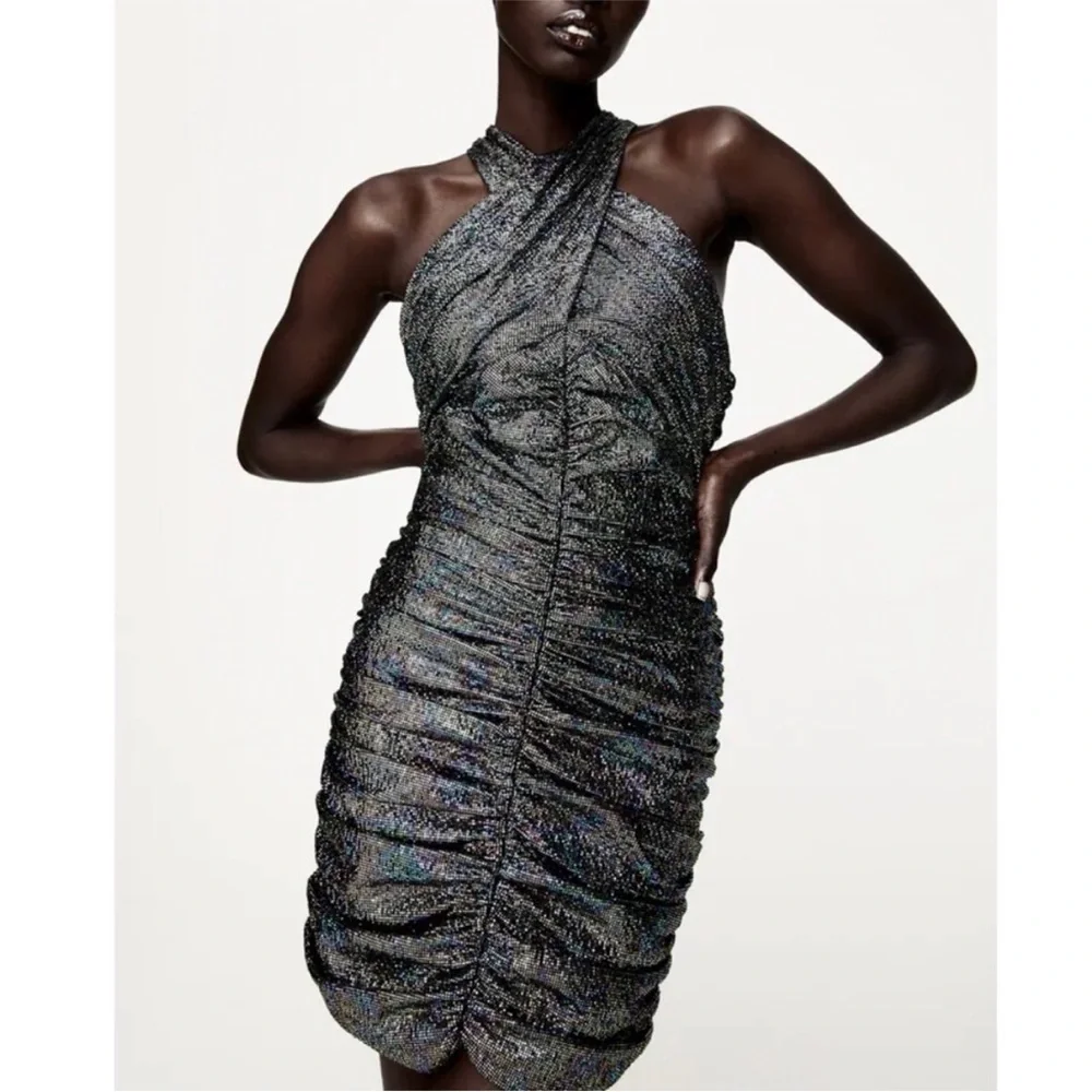 Zara Black Rainbow Metallic Cross Neck Halter Ruched Mini Dress XS